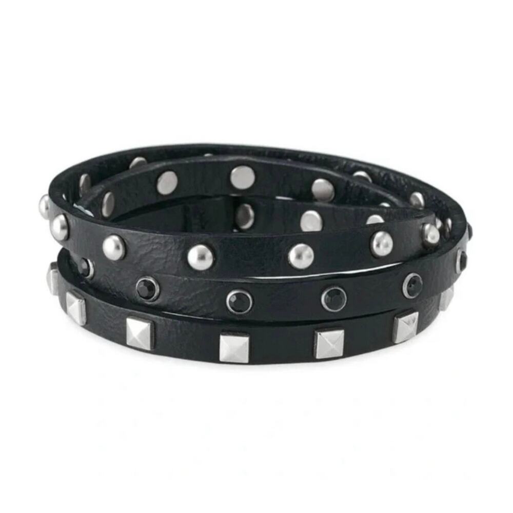 Stella & Dot Trifecta Wrap Bracelet Boho Bohemian Casual Black Silver Studded